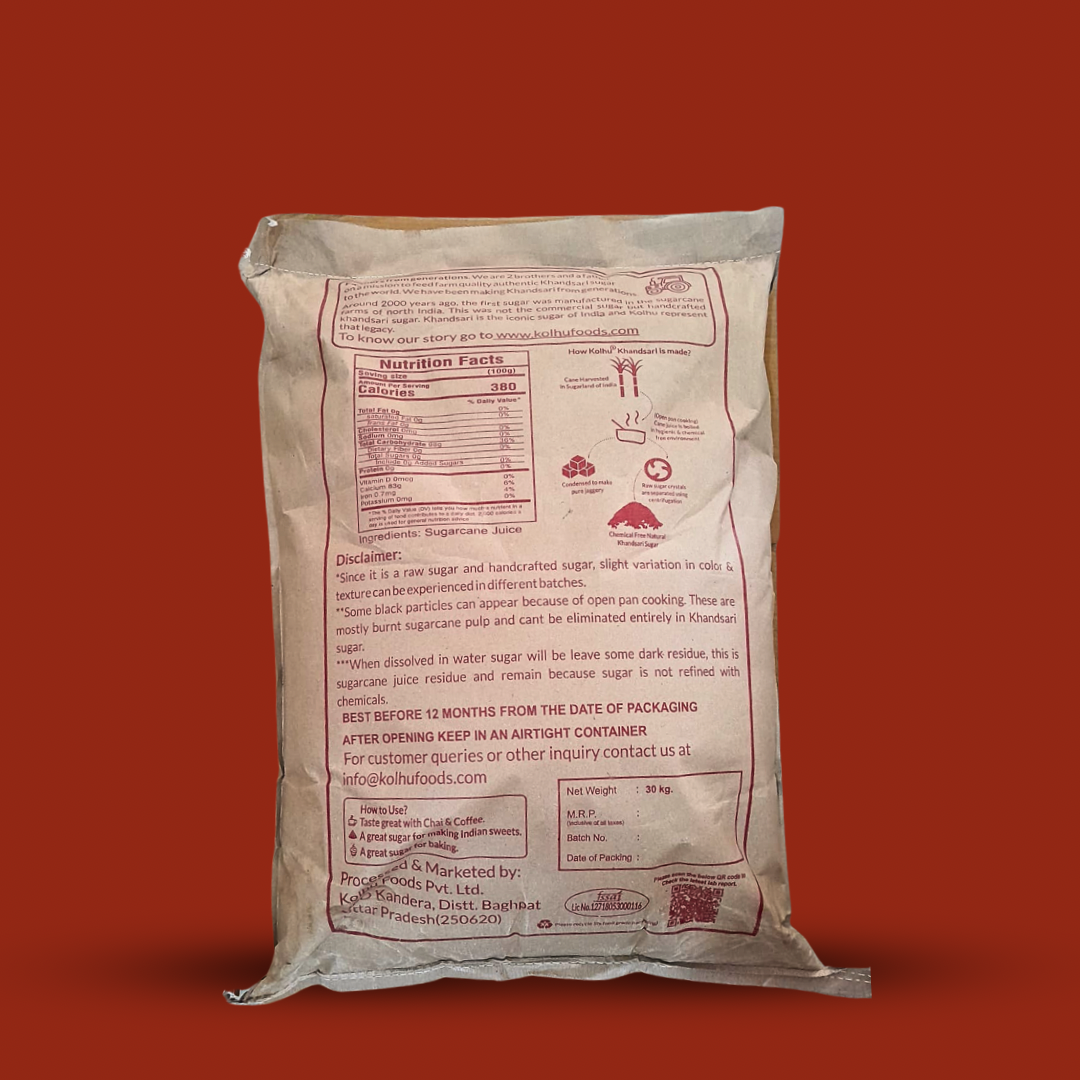 Natural Khandsari Sugar (Desi Khand) 30Kg PP Bulk Bag